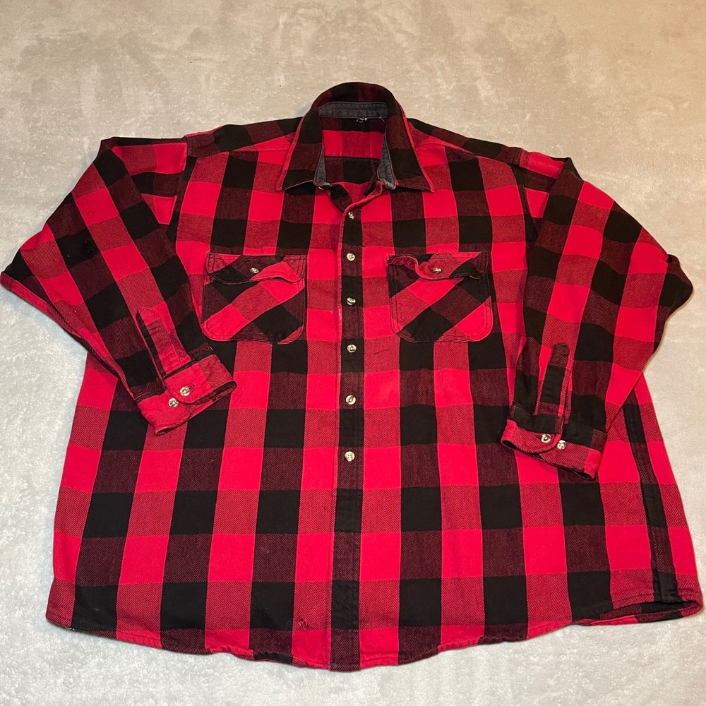 Mens 4XL Red Black Buffalo Plaid Flannel Button Down Shirt Long Sleeve Oversized